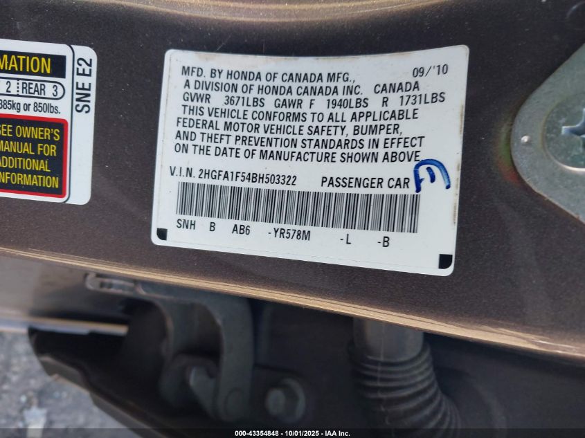 2011 Honda Civic Lx VIN: 2HGFA1F54BH503322 Lot: 43354848