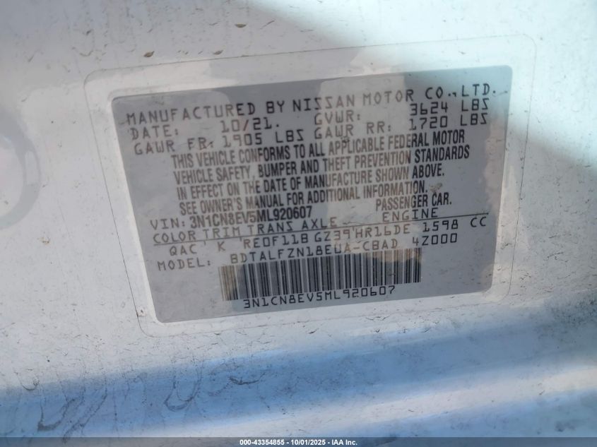 2021 Nissan Versa Sv Xtronic Cvt VIN: 3N1CN8EV5ML920607 Lot: 43354855