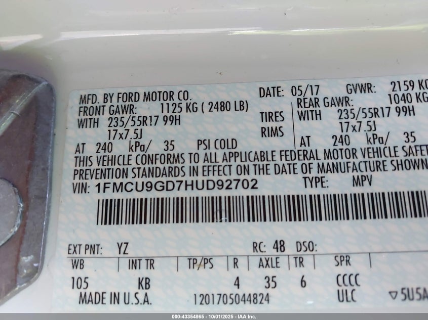 2017 FORD ESCAPE SE - 1FMCU9GD7HUD92702