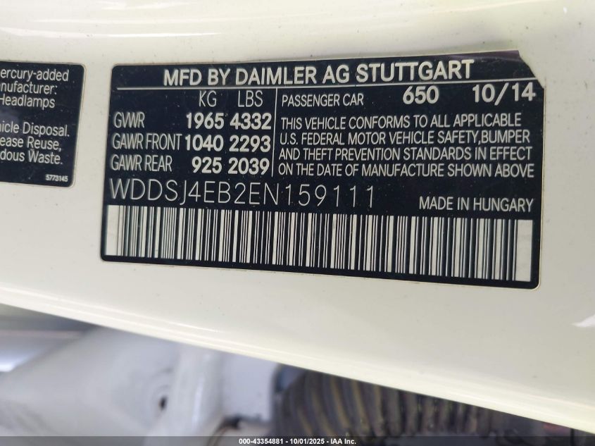 2014 Mercedes-Benz Cla 250 VIN: WDDSJ4EB2EN159111 Lot: 43354881