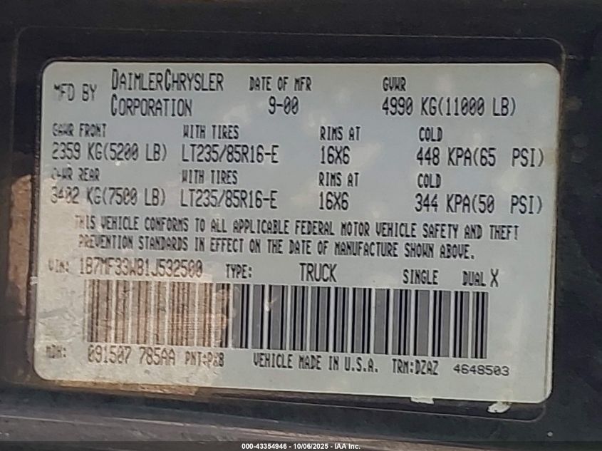 2001 Dodge Ram 3500 St VIN: 1B7MF33W81J532500 Lot: 43354946