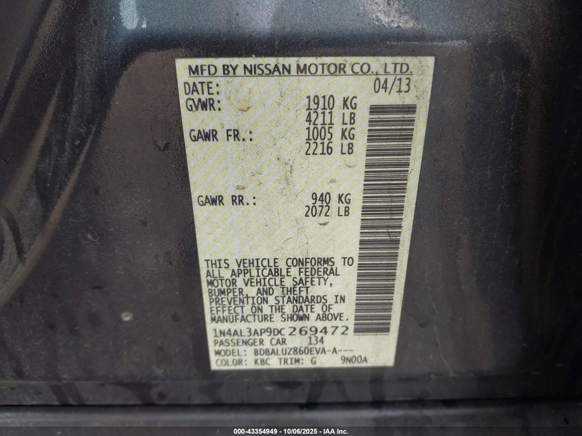 2013 Nissan Altima 2.5 Sv VIN: 1N4AL3AP9DC269472 Lot: 43354949