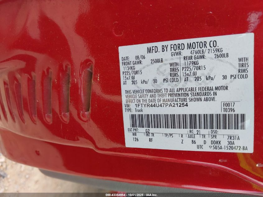 2007 Ford Ranger Sport/Stx/Xlt VIN: 1FTYR44U47PA21254 Lot: 43354954