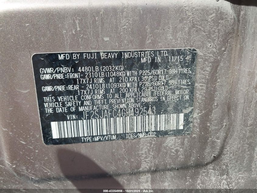 2016 Subaru Forester 2.5I Premium VIN: JF2SJAFC4GH492543 Lot: 43354956