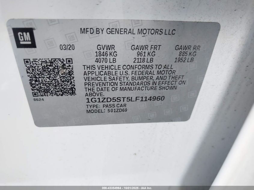 2020 Chevrolet Malibu Fwd Lt VIN: 1G1ZD5ST5LF114960 Lot: 43354964