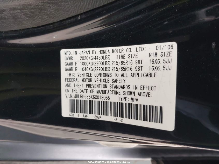 2006 Honda Cr-V Lx VIN: JHLRD685X6C013055 Lot: 43354973