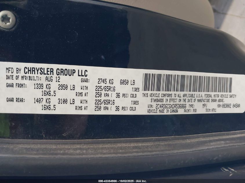 2013 Dodge Grand Caravan Sxt VIN: 2C4RDGCGXDR536866 Lot: 43354986