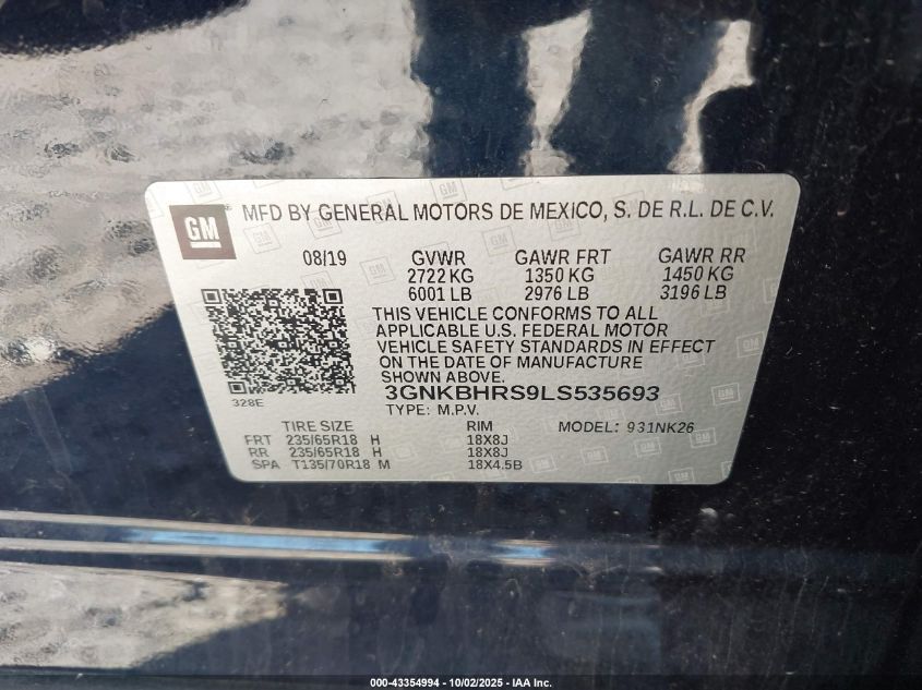 2020 Chevrolet Blazer Awd 2Lt VIN: 3GNKBHRS9LS535693 Lot: 43354994