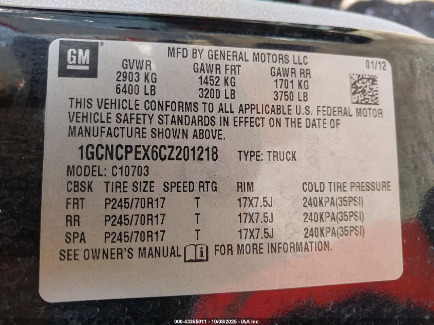 2012 Chevrolet Silverado 1500 Work Truck VIN: 1GCNCPEX6CZ201218 Lot: 43355011