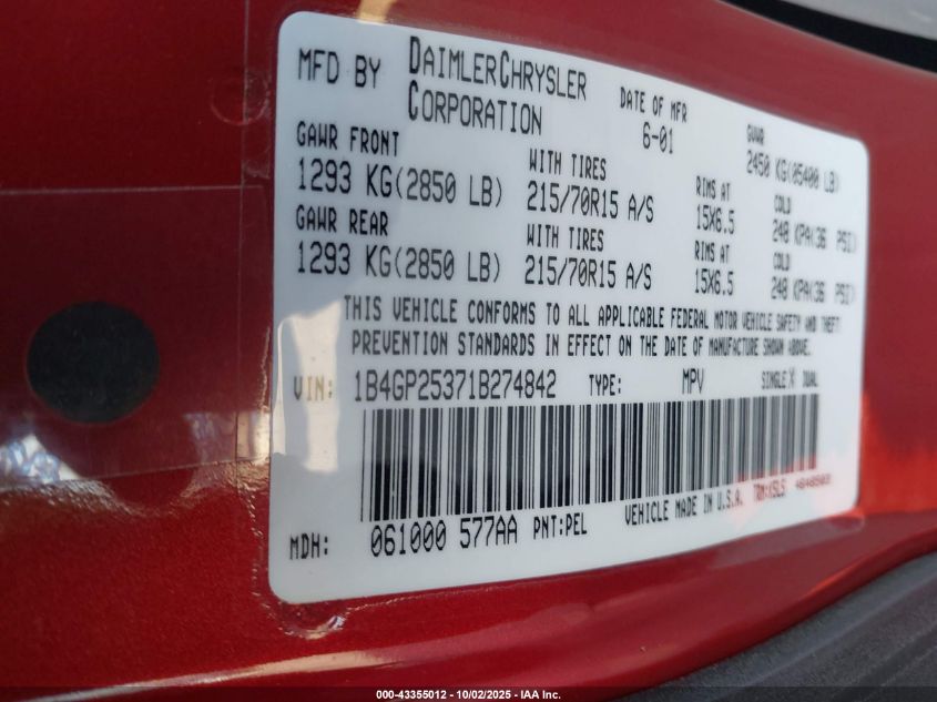 2001 Dodge Caravan Se VIN: 1B4GP25371B274842 Lot: 43355012