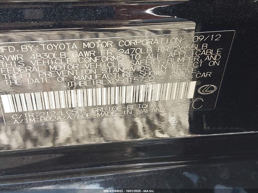 2013 Lexus Gs 350 VIN: JTHBE1BLXD5015720 Lot: 43355022