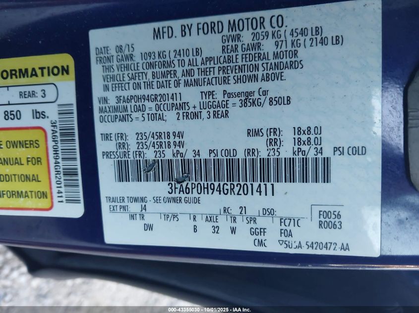 2016 Ford Fusion Se VIN: 3FA6P0H94GR201411 Lot: 43355030