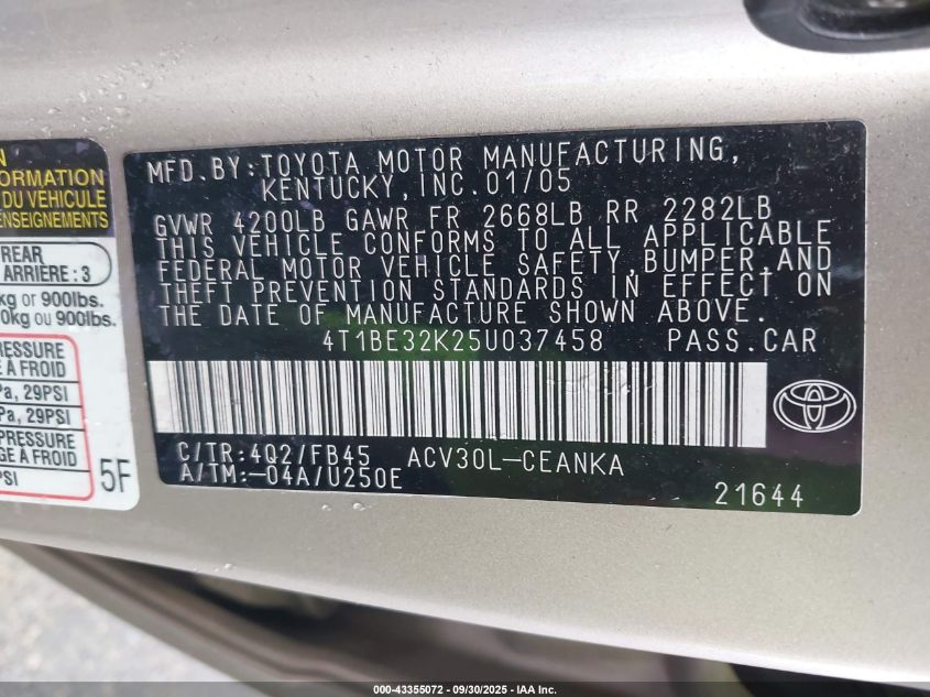 2005 Toyota Camry Le VIN: 4T1BE32K25U037458 Lot: 43355072