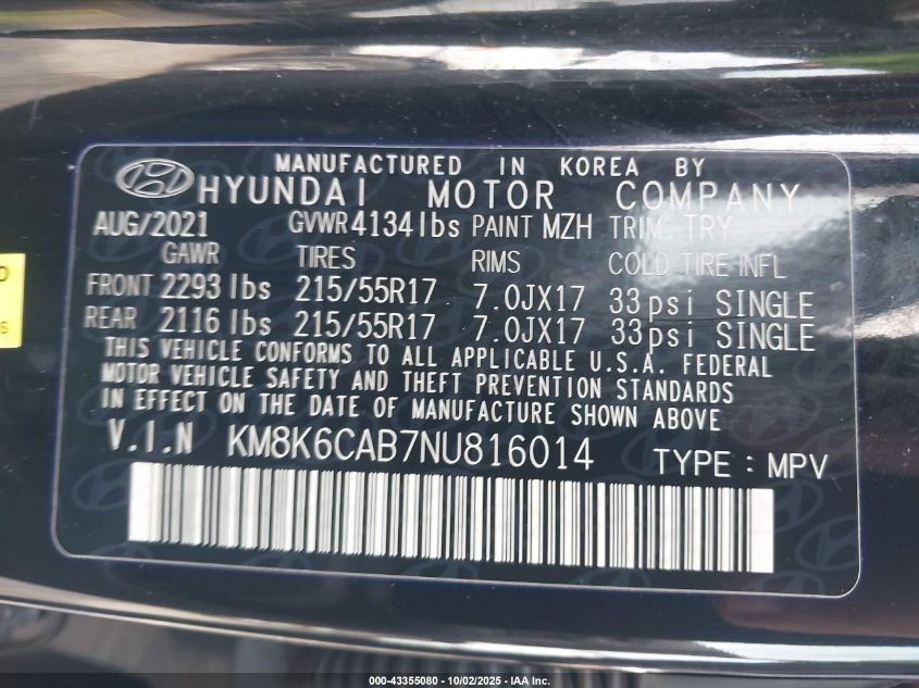2022 Hyundai Kona Sel VIN: KM8K6CAB7NU816014 Lot: 43355080