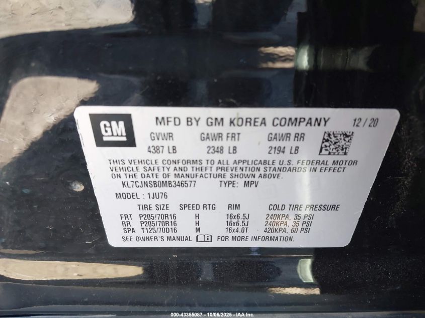 2021 Chevrolet Trax Awd Ls VIN: KL7CJNSB0MB346577 Lot: 43355087