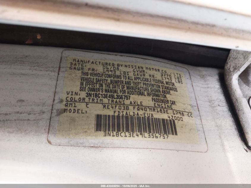 2009 Nissan Versa 1.8S VIN: 3N1BC13E49L356757 Lot: 43355094