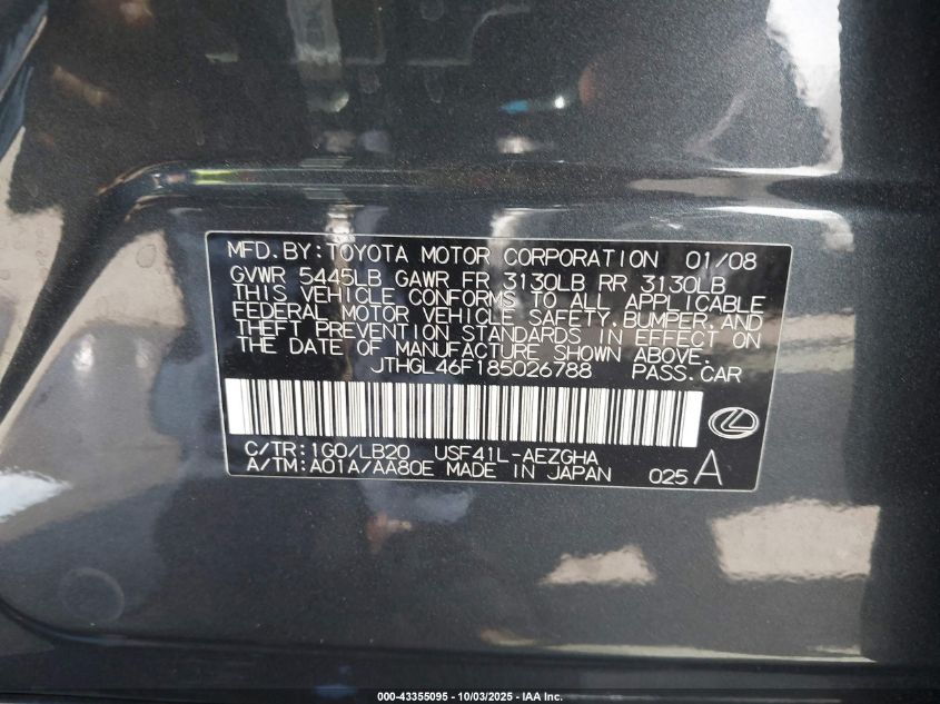 2008 Lexus Ls 460 L VIN: JTHGL46F185026788 Lot: 43355095