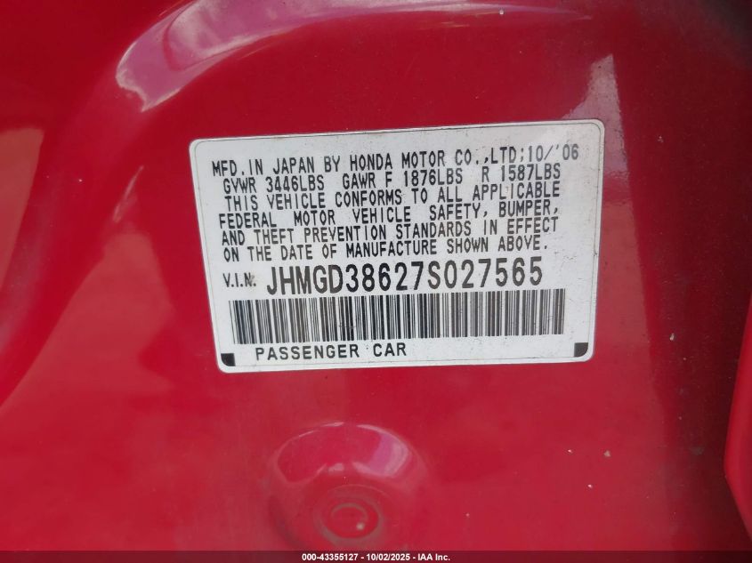 2007 Honda Fit Sport VIN: JHMGD38627S027565 Lot: 43355127