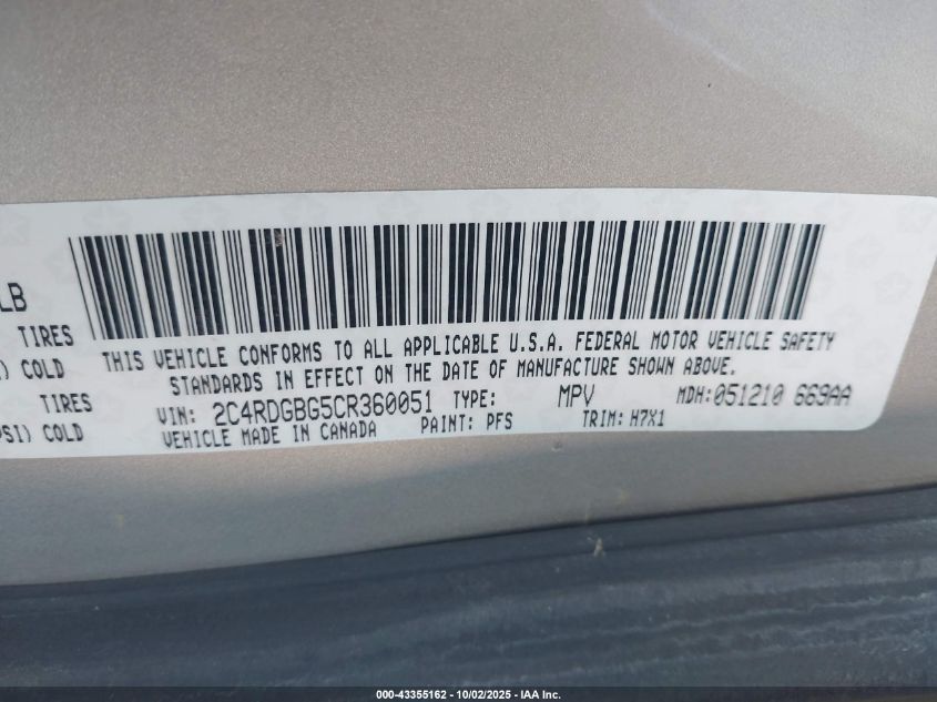 2012 Dodge Grand Caravan Se/Avp VIN: 2C4RDGBG5CR360051 Lot: 43355162