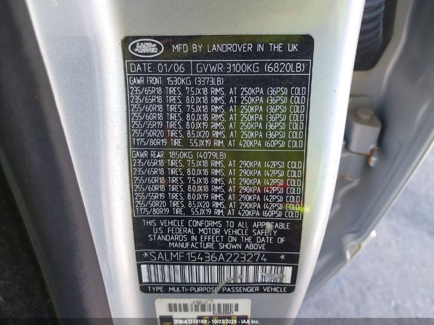 2006 Land Rover Range Rover Hse VIN: SALMF15436A223274 Lot: 43355169