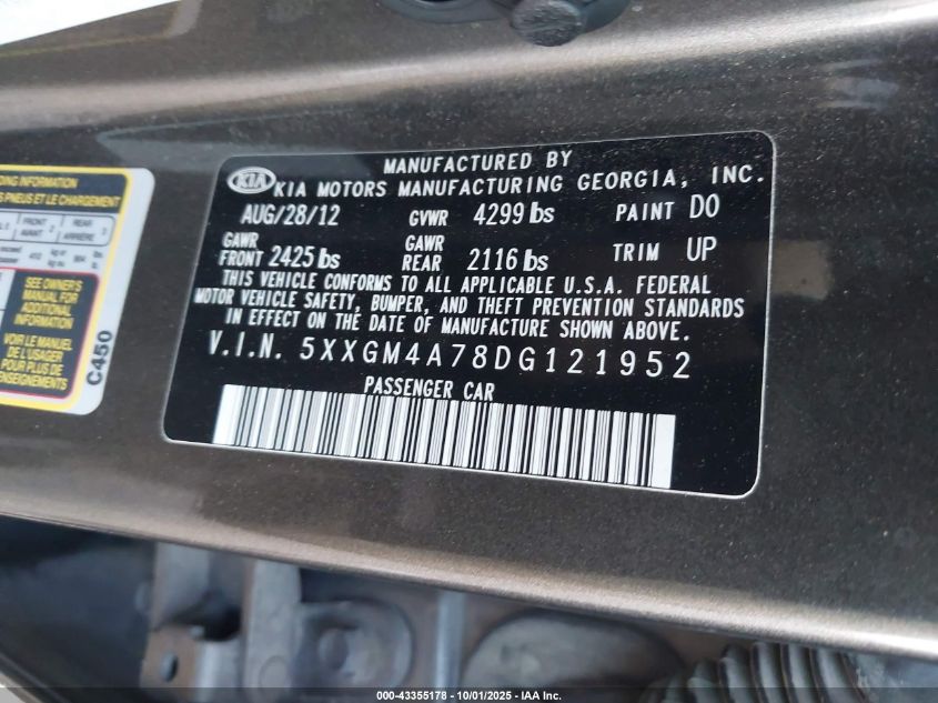 2013 Kia Optima Lx VIN: 5XXGM4A78DG121952 Lot: 43355178