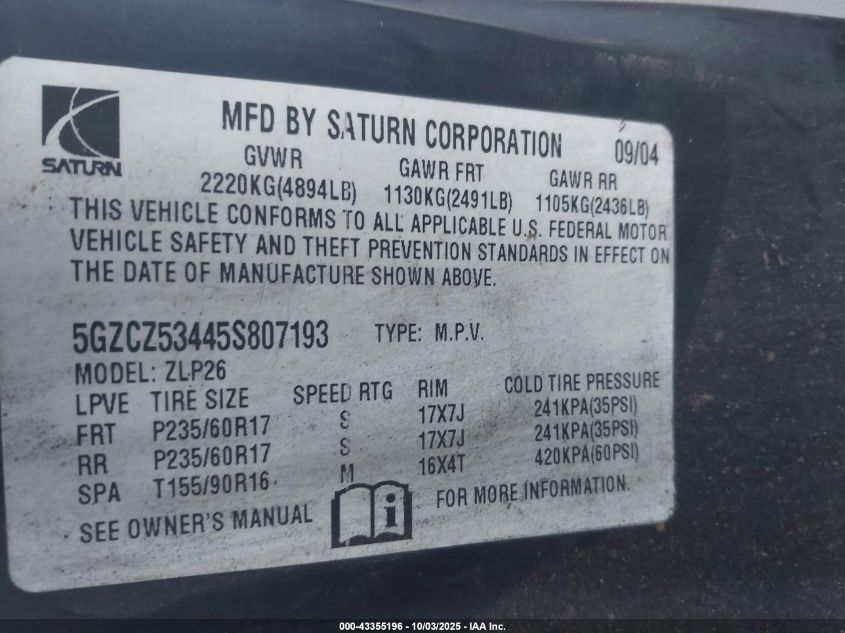 2005 Saturn Vue V6 VIN: 5GZCZ53445S807193 Lot: 43355196