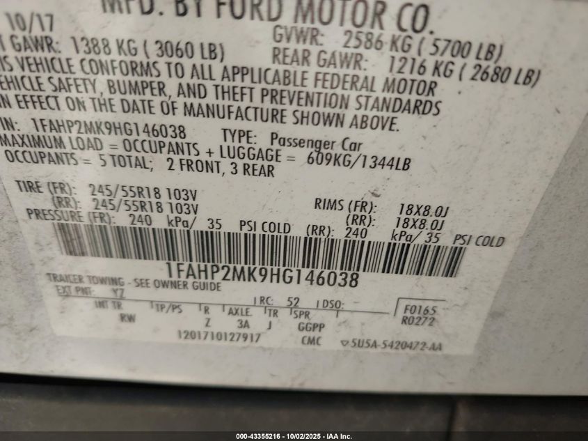 2017 Ford Police Interceptor VIN: 1FAHP2MK9HG146038 Lot: 43355216