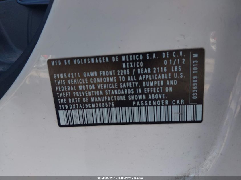2012 Volkswagen Jetta 2.5L Se VIN: 3VWDX7AJ9CM368575 Lot: 43355237
