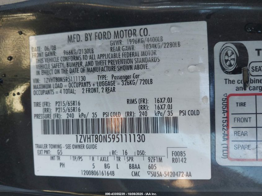 2009 Ford Mustang V6 VIN: 1ZVHT80N595111130 Lot: 43355239