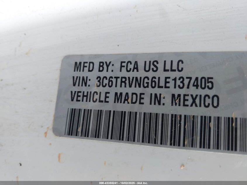 2020 Ram Promaster 1500 Low Roof 118 Wb VIN: 3C6TRVNG6LE137405 Lot: 43355241