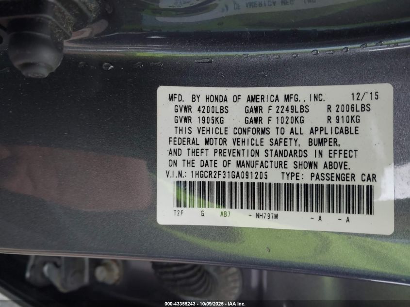 2016 Honda Accord Lx VIN: 1HGCR2F31GA091205 Lot: 43355243