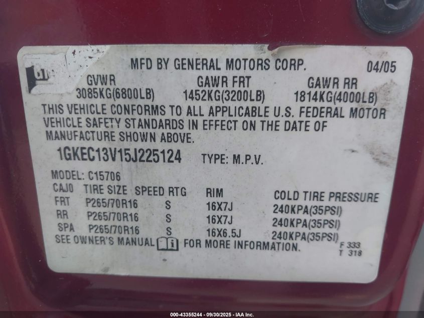 2005 GMC Yukon Sle VIN: 1GKEC13V15J225124 Lot: 43355244