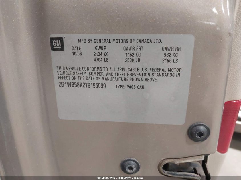 2007 Chevrolet Impala Ls VIN: 2G1WB58K279196099 Lot: 43355256