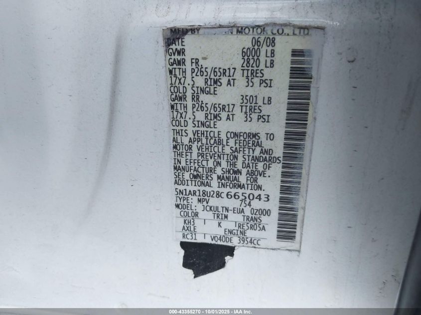 2008 Nissan Pathfinder Se VIN: 5N1AR18U28C665043 Lot: 43355270