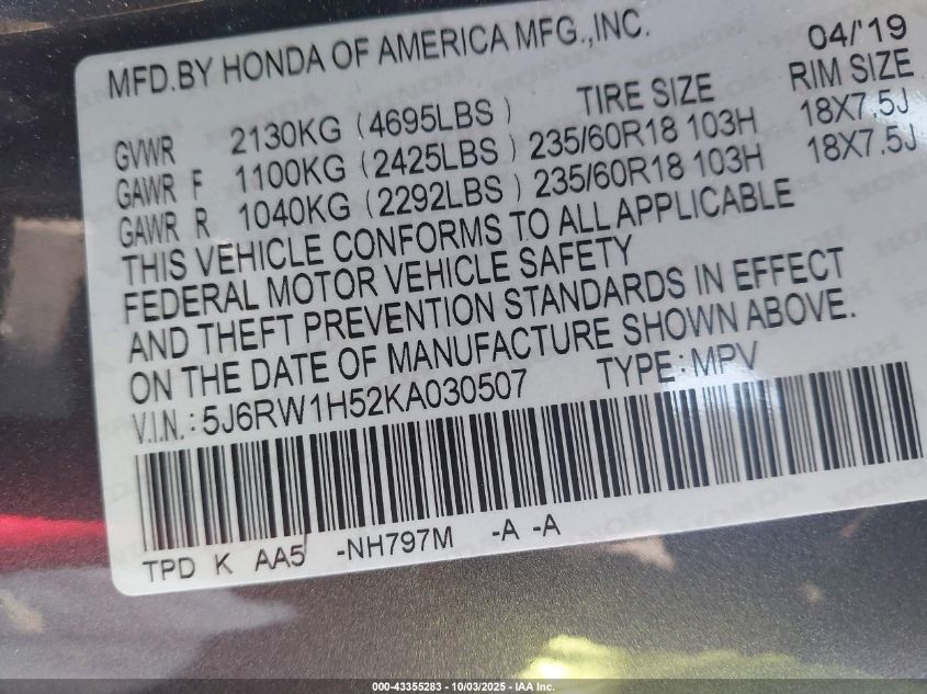 2019 Honda Cr-V Ex VIN: 5J6RW1H52KA030507 Lot: 43355283