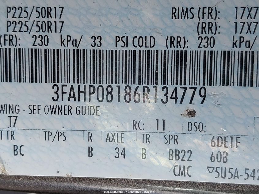 2006 Ford Fusion Sel VIN: 3FAHP08186R134779 Lot: 43355286