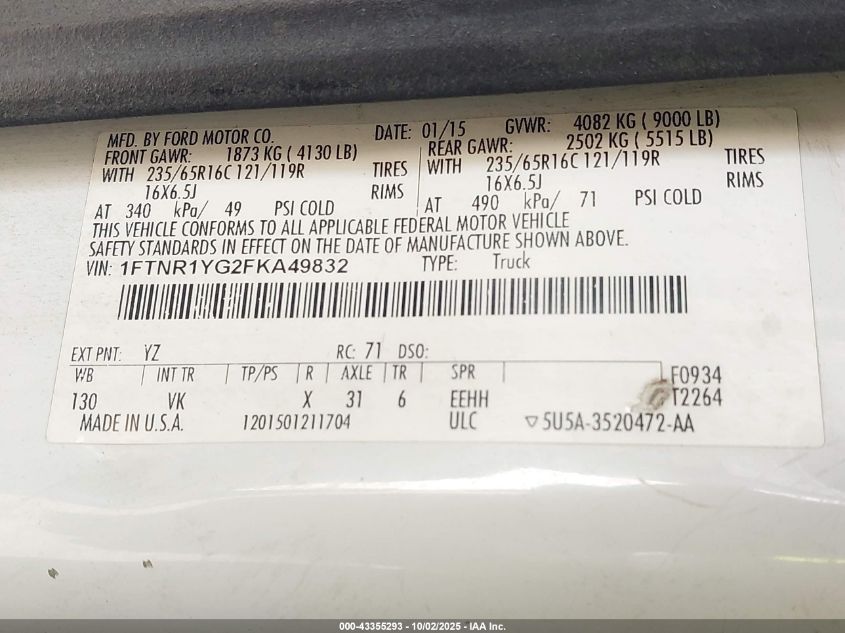 2015 Ford Transit-250 VIN: 1FTNR1YG2FKA49832 Lot: 43355293