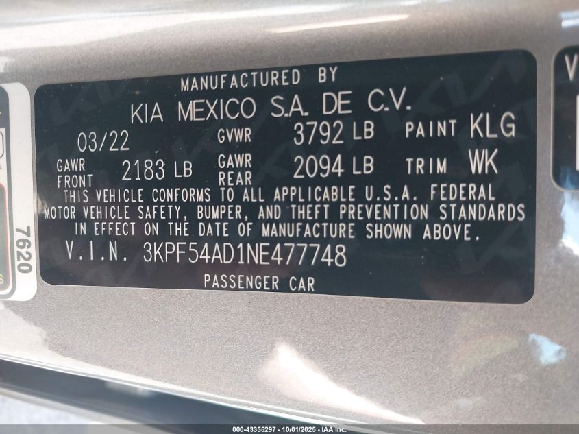2022 Kia Forte Gt-Line VIN: 3KPF54AD1NE477748 Lot: 43355297