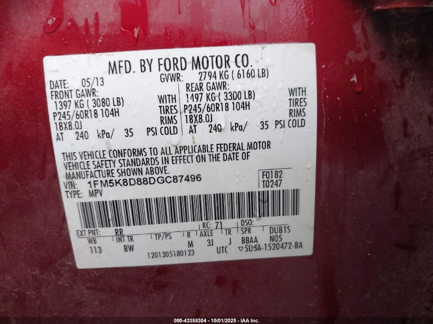 2013 Ford Explorer Xlt VIN: 1FM5K8D88DGC87496 Lot: 43355304