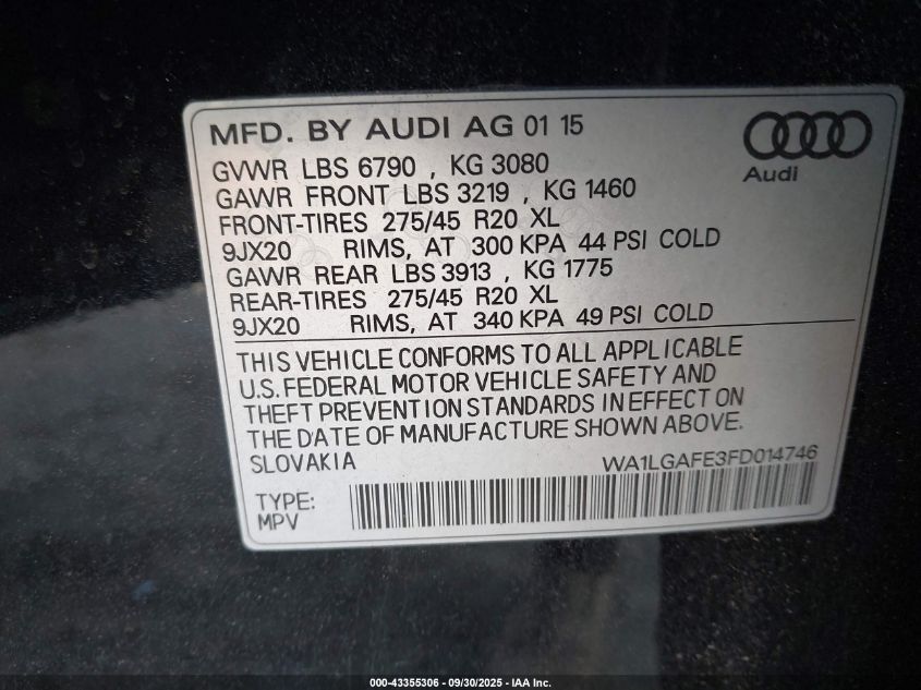2015 Audi Q7 3.0T Premium VIN: WA1LGAFE3FD014746 Lot: 43355306