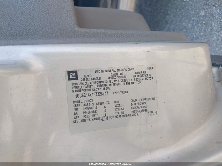 2008 Chevrolet Silverado 1500 Work Truck VIN: 1GCEC14X18Z323247 Lot: 43355334