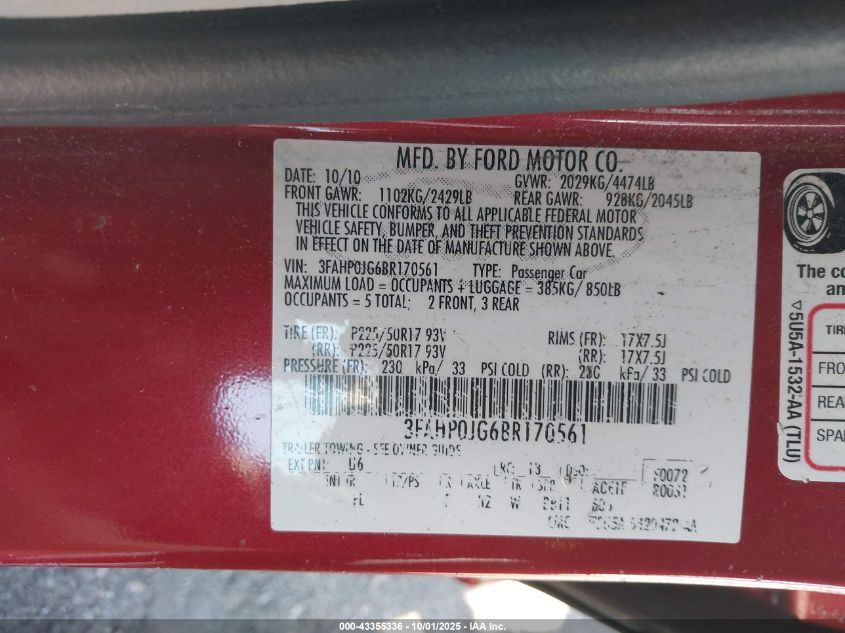 2011 Ford Fusion Sel VIN: 3FAHP0JG6BR170561 Lot: 43355336