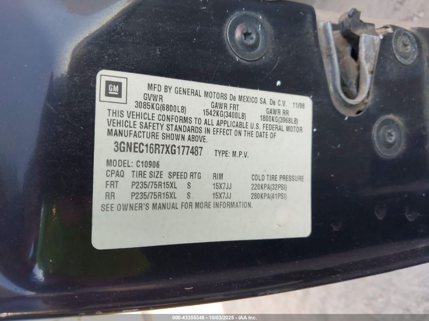 1999 Chevrolet Suburban 1500 Lt VIN: 3GNEC16R7XG177487 Lot: 43355346