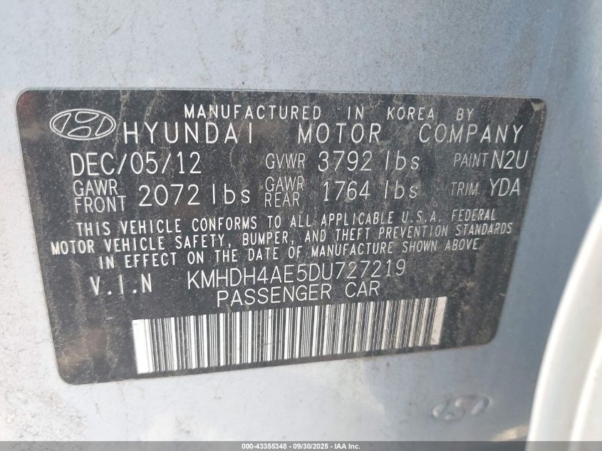 2013 Hyundai Elantra Gls VIN: KMHDH4AE5DU727219 Lot: 43355348