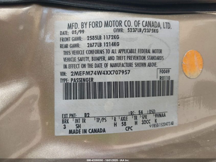 1999 Mercury Grand Marquis Gs VIN: 2MEFM74W4XX707957 Lot: 43355350