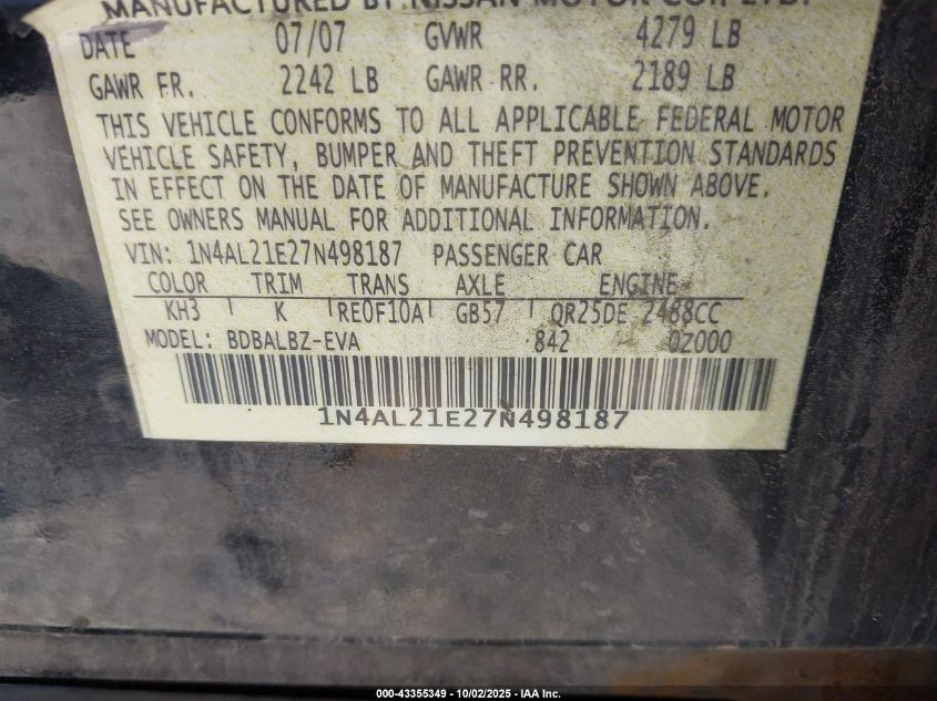 2007 Nissan Altima 2.5 S VIN: 1N4AL21E27N498187 Lot: 43355349