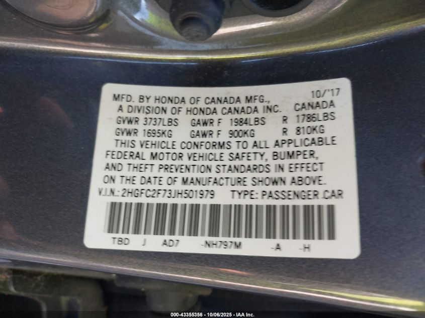 2018 Honda Civic Ex VIN: 2HGFC2F73JH501979 Lot: 43355356