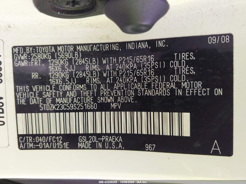 2009 Toyota Sienna Le VIN: 5TDZK23C59S251660 Lot: 43355359