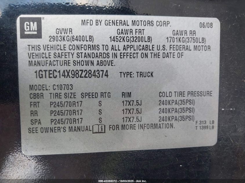 2008 GMC Sierra 1500 Work Truck VIN: 1GTEC14X98Z284374 Lot: 43355372