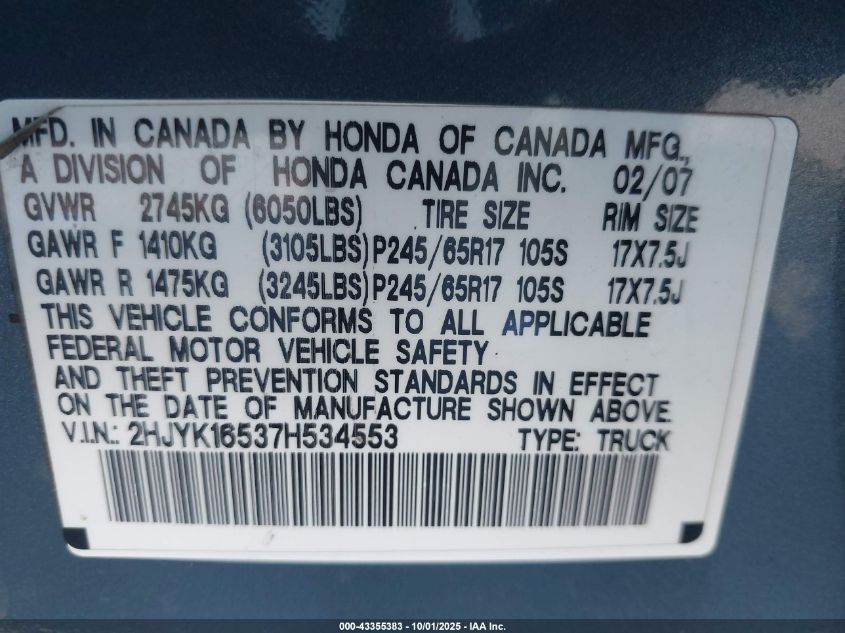 2007 Honda Ridgeline Rtl VIN: 2HJYK16537H534553 Lot: 43355383